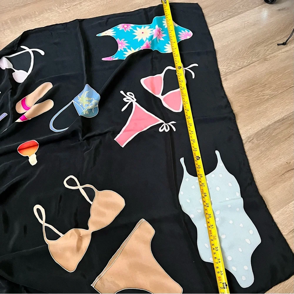 Huge Thick Silk Scarf Wrap Black With Beach‎ Theme - 70” X 38” - Vacation Party
